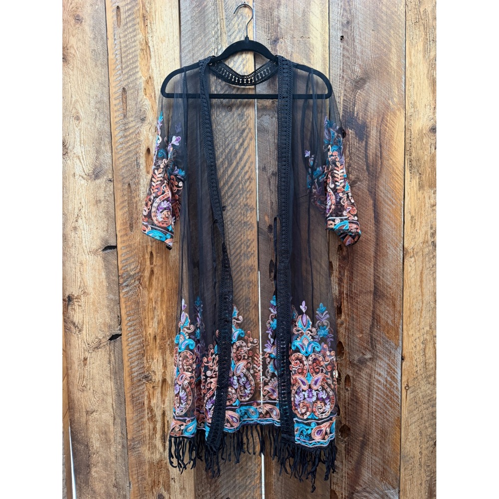 Embroidered Sheer Mesh Kimono Womens One Size Witchy Whimsigoth Boho Fringe